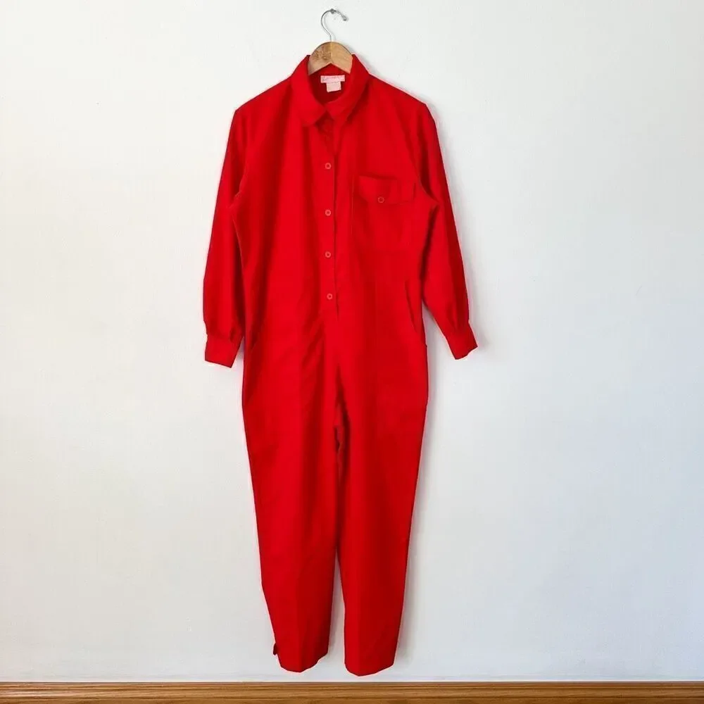 Vintage 1900s Lerner Red Twill Long Sleeve Button Front Tapered Leg Red Boiler J
